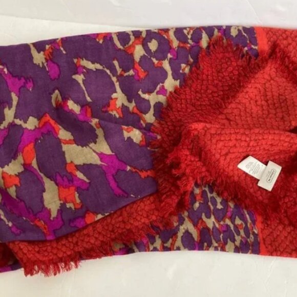 Coach Red Purple Magenta Wool Scarf Shawl Pashima Fringe 50" X 50" - Picture 5 of 11